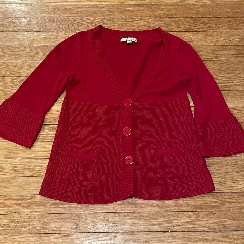 Red Cropped Cardigan Bell Sleeve Textured Knit Button Front S